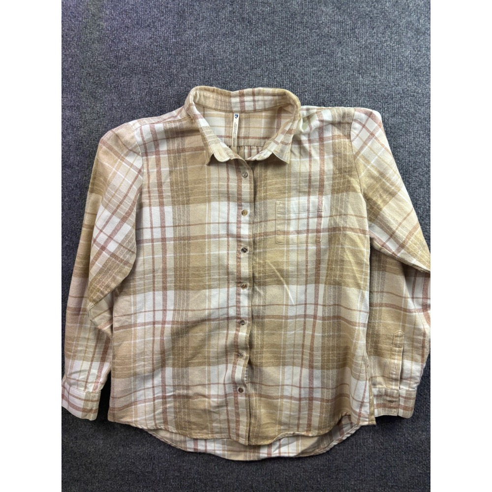 KUHL Kamila Plaid Flannel Shirt Womens Large Tan Long Sleeve Button Up